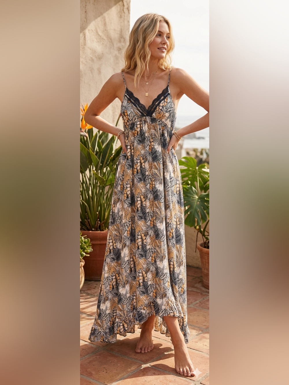 The Sang Tropical Print Maxi Dress in Mustard & Black
